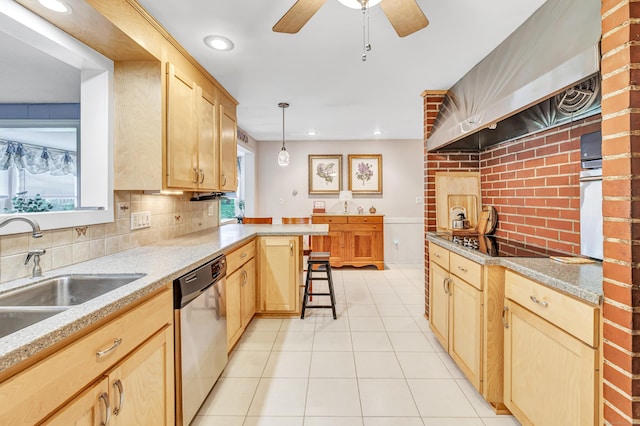 26 Williams Rd, Cheshire, CT 06410 - kitchen with wall chimney exhaust hood, dishwasher, light tile patterned floors, light brown cabinetry, and recessed lighting