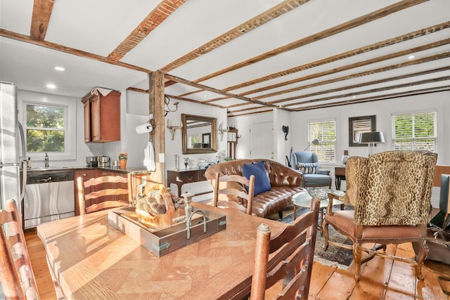 47 Hollow Tree Ridge Rd, Darien, CT 06820 - dining area featuring hardwood / wood-style floors, beam ceiling, and recessed lighting