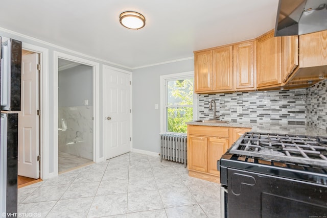 70 Maple St, Meriden, CT 06451 - kitchen with black range with gas stovetop, a sink, wall chimney exhaust hood, radiator heating unit, and light countertops