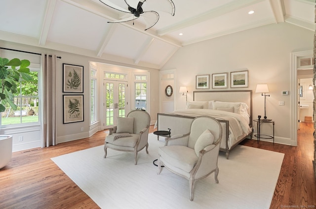 bedroom featuring access to outside, dark wood-style floors, baseboards, and french doors