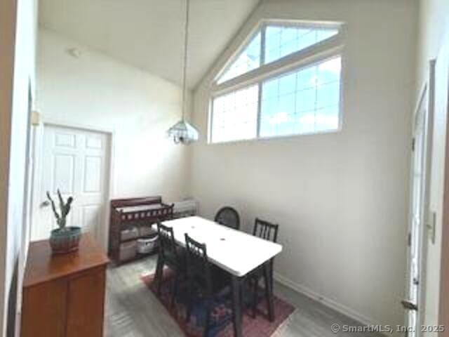 202 Carriage Crossing Ln Unit 202, Middletown, CT 06457 - dining room featuring high vaulted ceiling, wood finished floors, and baseboards