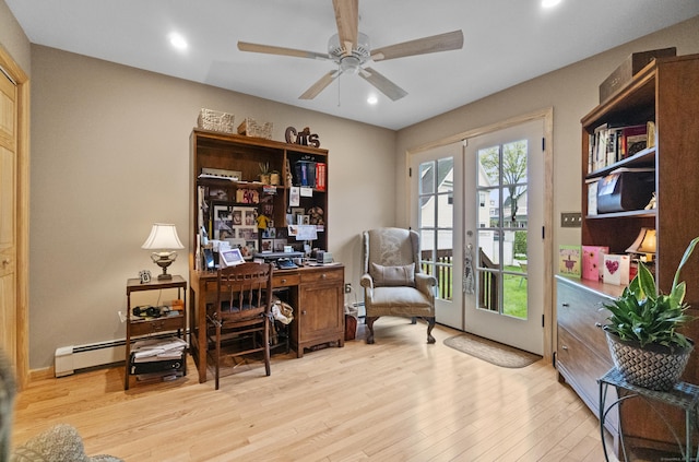 office space featuring ceiling fan, wood finished floors, a baseboard radiator, and recessed lighting