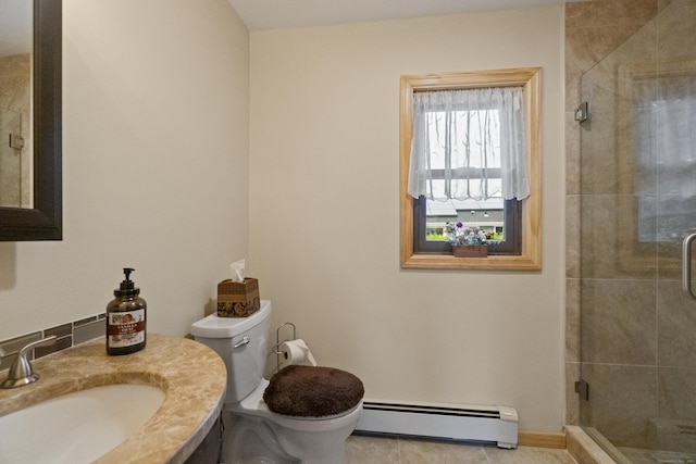 full bath with a baseboard heating unit, a shower stall, toilet, and vanity