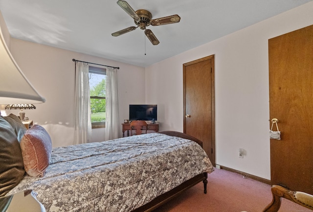 bedroom featuring carpet, baseboards, and ceiling fan