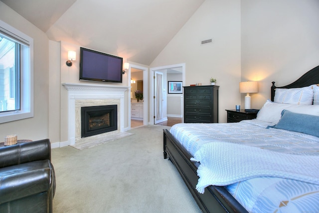 63 Balfour Dr, West Hartford, CT 06117 - bedroom with a high end fireplace, carpet, high vaulted ceiling, and baseboards