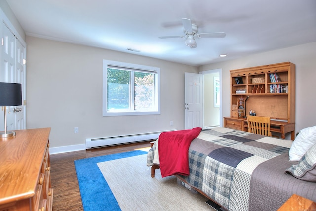 63 Balfour Dr, West Hartford, CT 06117 - bedroom with a baseboard radiator, dark wood-style flooring, baseboards, ceiling fan, and recessed lighting