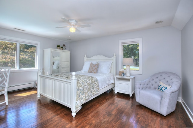63 Balfour Dr, West Hartford, CT 06117 - bedroom with dark wood-style flooring, a baseboard radiator, and a ceiling fan