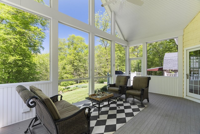 140 Podunk Rd, Guilford, CT 06437 - sunroom with a ceiling fan and lofted ceiling