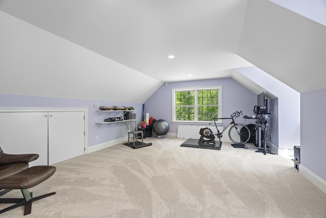140 Podunk Rd, Guilford, CT 06437 - exercise room featuring carpet flooring, vaulted ceiling, baseboards, and recessed lighting