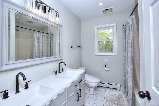 23 Davis Rd, Seymour, CT 06483 - full bathroom with a baseboard heating unit, tile patterned floors, double vanity, a shower with curtain, and recessed lighting