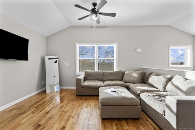 6 Bidwell Ter, Middletown, CT 06457 - living room featuring vaulted ceiling, a ceiling fan, light wood-style flooring, and baseboards