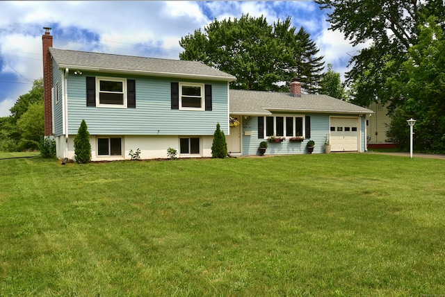 21 Craigmore Rd, Bloomfield, CT 06002 - split level home featuring a chimney, a garage, and a front yard