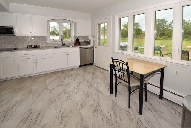 21 Craigmore Rd, Bloomfield, CT 06002 - kitchen with stainless steel appliances, a sink, baseboard heating, backsplash, and white cabinets
