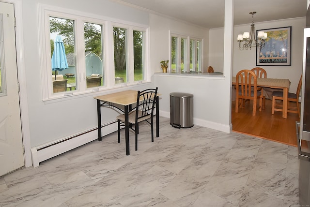 21 Craigmore Rd, Bloomfield, CT 06002 - dining room with ornamental molding, a chandelier, baseboard heating, marble finish flooring, and baseboards