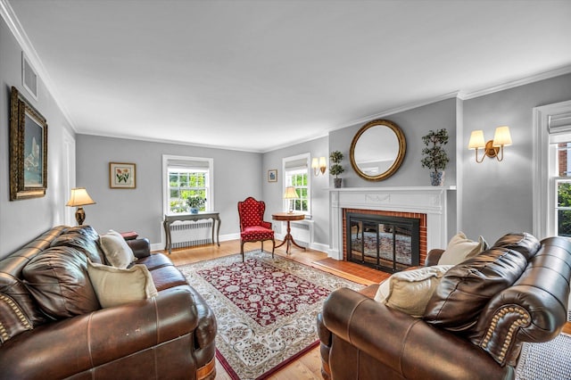 10 Meadowbrook Rd, Hamden, CT 06517 - living area with crown molding, a fireplace, wood finished floors, radiator, and baseboards