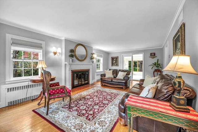 10 Meadowbrook Rd, Hamden, CT 06517 - living room with a brick fireplace, radiator heating unit, crown molding, and wood finished floors