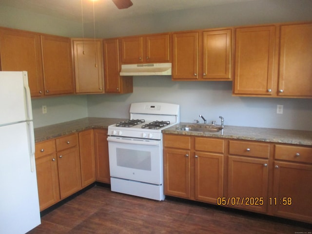 51-71 Park Ave Unit 3-21, Danbury, CT 06810 - kitchen featuring white appliances, under cabinet range hood, a sink, dark wood-style floors, and a ceiling fan
