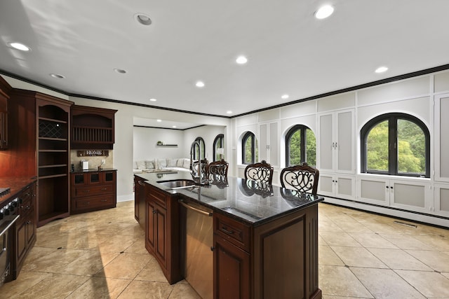 46 Mountain Farms Rd, West Hartford, CT 06117 - kitchen featuring dishwasher, a sink, open shelves, recessed lighting, and a center island with sink