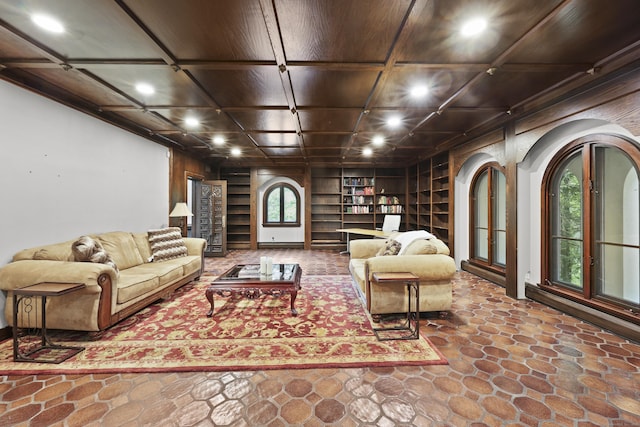 46 Mountain Farms Rd, West Hartford, CT 06117 - living room with wood ceiling, built in features, recessed lighting, coffered ceiling, and arched walkways
