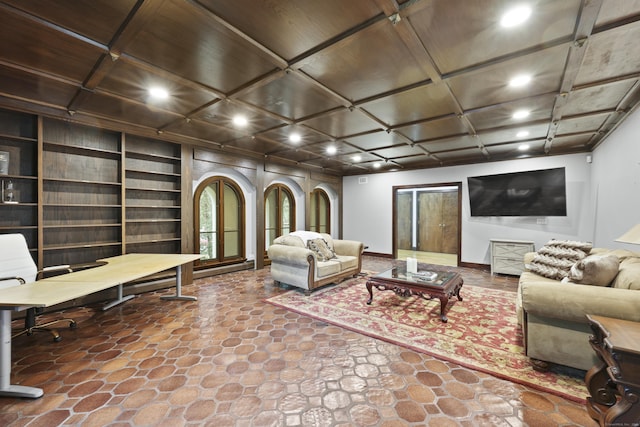 46 Mountain Farms Rd, West Hartford, CT 06117 - living area featuring wood ceiling, recessed lighting, coffered ceiling, stone finish flooring, and an office area