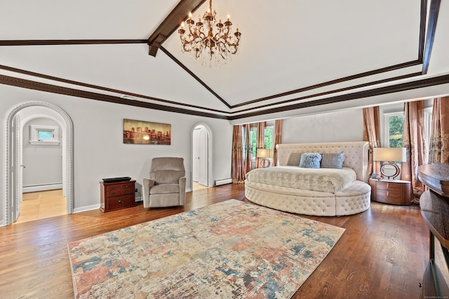 46 Mountain Farms Rd, West Hartford, CT 06117 - bedroom featuring arched walkways, a baseboard radiator, multiple windows, and wood finished floors