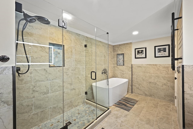 46 Mountain Farms Rd, West Hartford, CT 06117 - full bath featuring tile walls, crown molding, a freestanding tub, and a stall shower