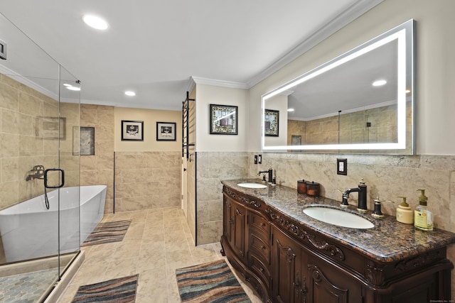 46 Mountain Farms Rd, West Hartford, CT 06117 - full bath featuring tile walls, ornamental molding, a freestanding tub, double vanity, and a shower stall