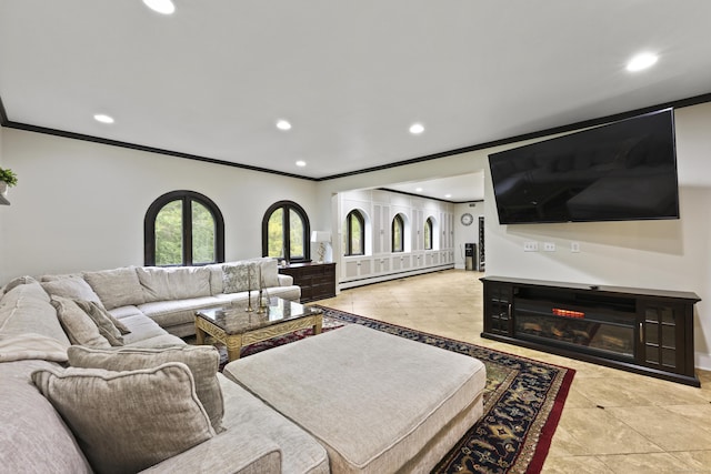 46 Mountain Farms Rd, West Hartford, CT 06117 - living room featuring ornamental molding, recessed lighting, and tile patterned floors