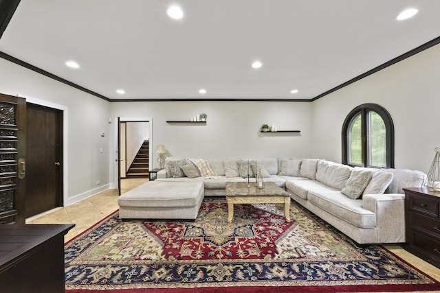 46 Mountain Farms Rd, West Hartford, CT 06117 - living room with ornamental molding, recessed lighting, stairs, light tile patterned floors, and baseboards
