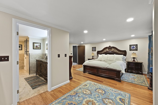 46 Mountain Farms Rd, West Hartford, CT 06117 - bedroom with recessed lighting, wood finished floors, ornamental molding, ensuite bath, and tile walls