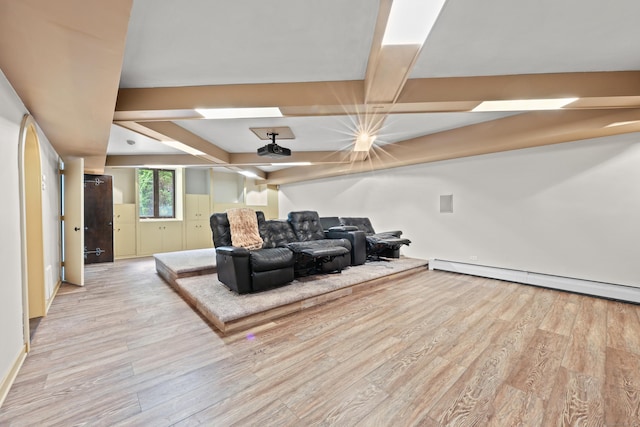 46 Mountain Farms Rd, West Hartford, CT 06117 - home theater featuring light wood-style flooring, a baseboard heating unit, and beamed ceiling
