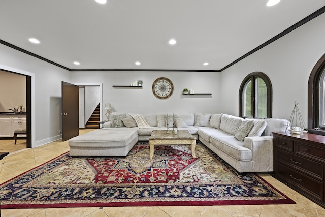46 Mountain Farms Rd, West Hartford, CT 06117 - living area with ornamental molding, recessed lighting, stairway, and baseboards