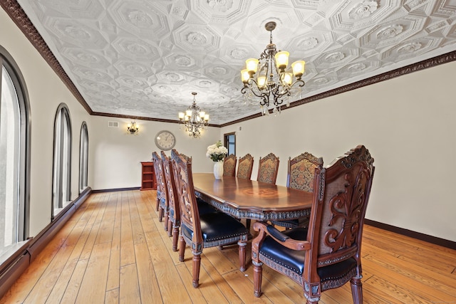 46 Mountain Farms Rd, West Hartford, CT 06117 - dining space featuring a chandelier, an ornate ceiling, light wood-type flooring, and baseboards