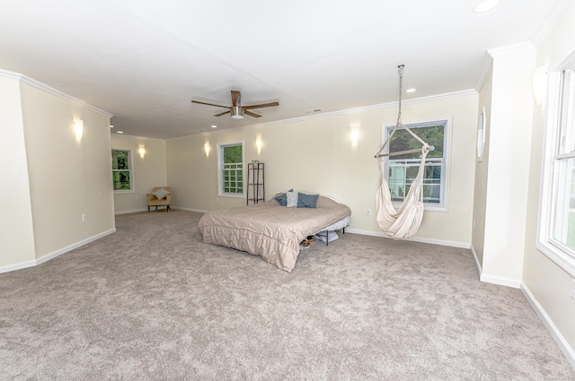 bedroom with carpet, ornamental molding, baseboards, recessed lighting, and ceiling fan