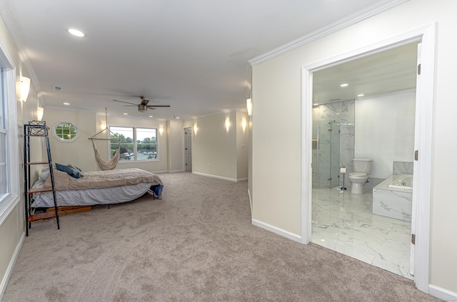 carpeted bedroom featuring ornamental molding, baseboards, recessed lighting, and ensuite bathroom