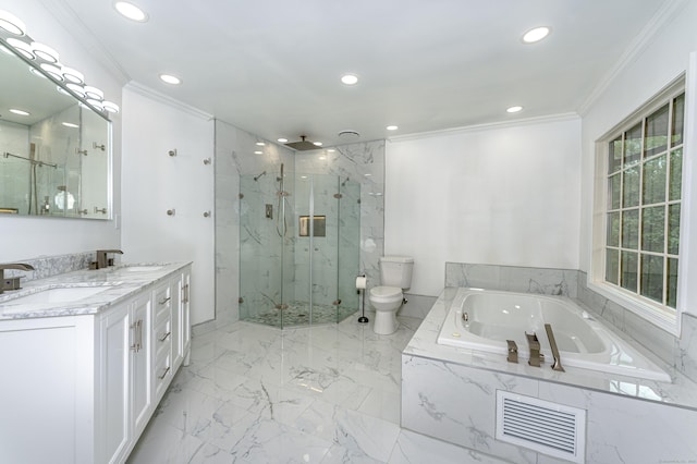 full bath featuring a marble finish shower, recessed lighting, ornamental molding, a bath, and toilet