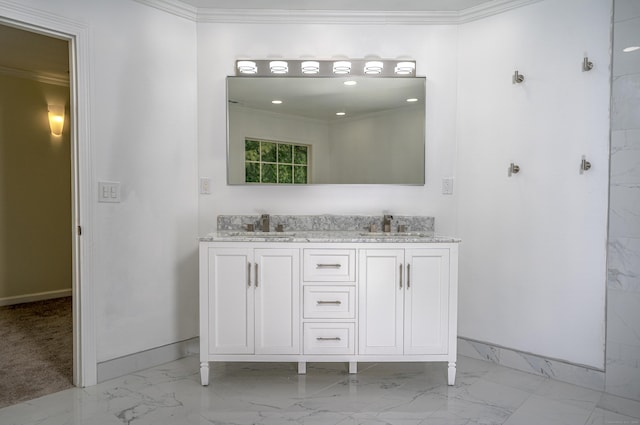 full bath with marble look tiles, crown molding, baseboards, double vanity, and recessed lighting