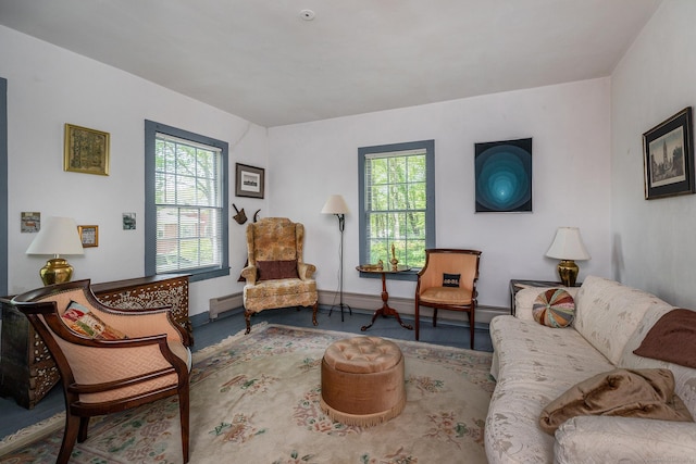 sitting room featuring healthy amount of natural light, a baseboard radiator, and baseboards