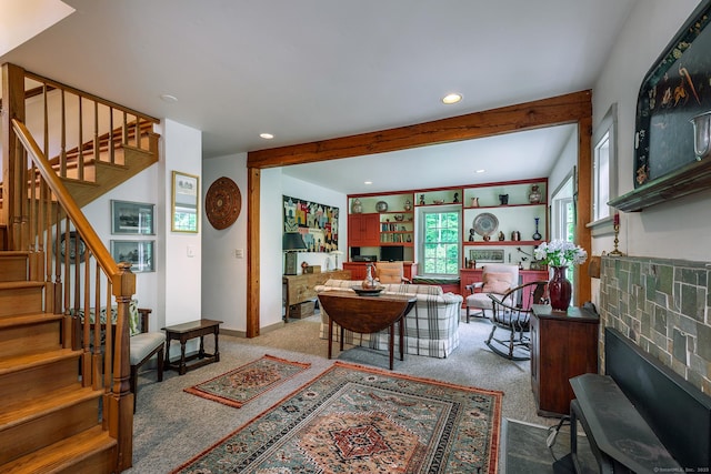living area with carpet, stairway, recessed lighting, a fireplace, and baseboards