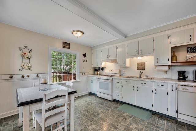 4 Hockanum Dr, East Hartford, CT 06118 - kitchen featuring white appliances, under cabinet range hood, light countertops, beam ceiling, and open shelves