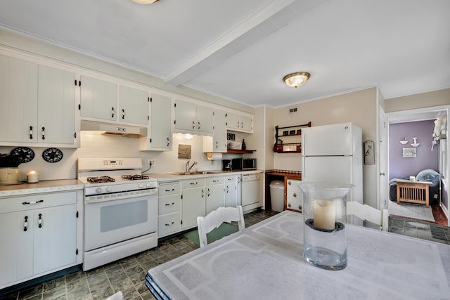 4 Hockanum Dr, East Hartford, CT 06118 - kitchen featuring white appliances, under cabinet range hood, light countertops, crown molding, and backsplash