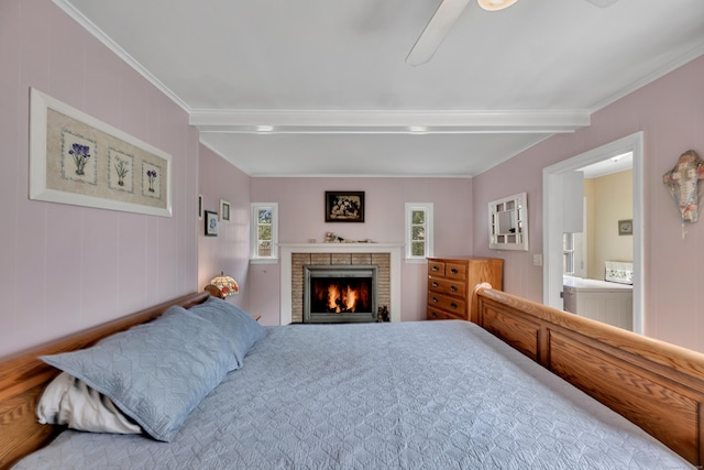 4 Hockanum Dr, East Hartford, CT 06118 - bedroom with a brick fireplace, ornamental molding, and a ceiling fan
