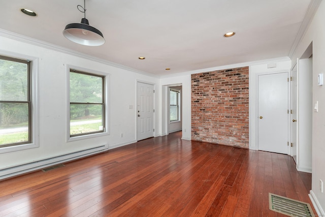 433 Kent Cornwall Rd Unit 14, Kent, CT 06757 - empty room with hardwood / wood-style flooring, brick wall, baseboard heating, and ornamental molding