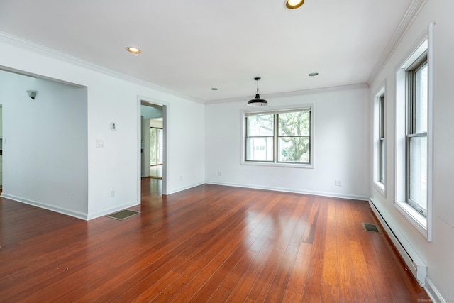 433 Kent Cornwall Rd Unit 14, Kent, CT 06757 - unfurnished room with a baseboard radiator, baseboards, hardwood / wood-style floors, recessed lighting, and ornamental molding