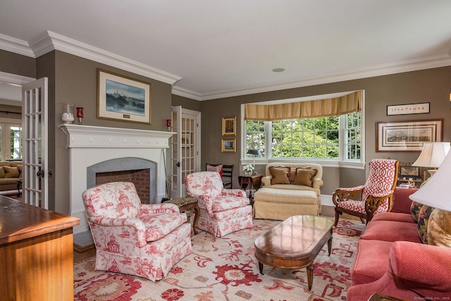 37 Lantern Hill Rd, Madison, CT 06443 - living area featuring crown molding, a fireplace, french doors, wood finished floors, and baseboards