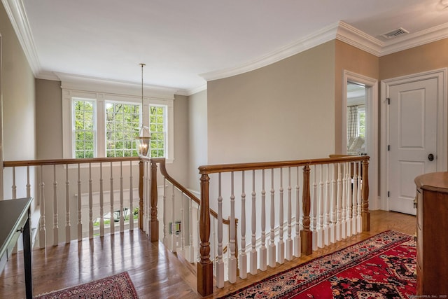 37 Lantern Hill Rd, Madison, CT 06443 - hallway featuring wood finished floors, crown molding, and an upstairs landing