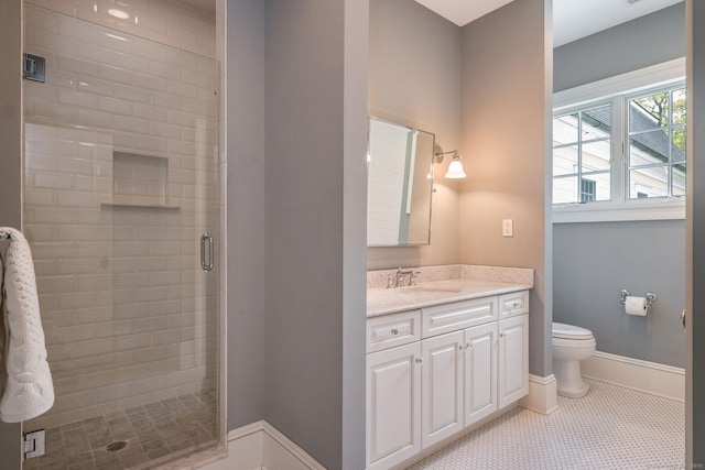 37 Lantern Hill Rd, Madison, CT 06443 - bathroom featuring a shower stall, toilet, vanity, tile patterned flooring, and baseboards