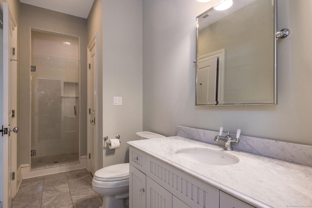 37 Lantern Hill Rd, Madison, CT 06443 - bathroom featuring marble finish flooring, toilet, a stall shower, and vanity