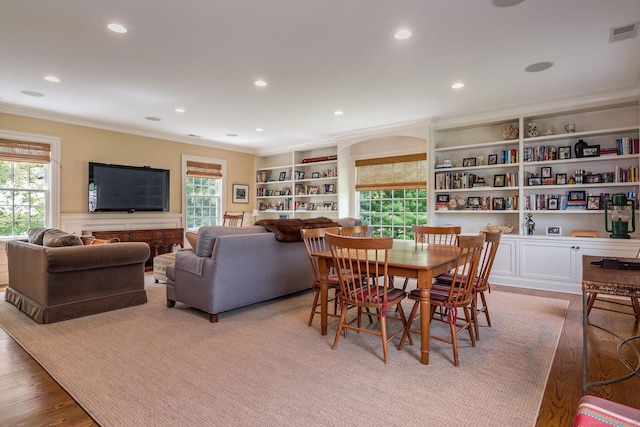 37 Lantern Hill Rd, Madison, CT 06443 - dining room with crown molding, recessed lighting, wood finished floors, and built in features