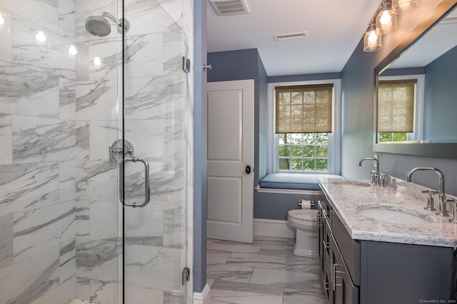 37 Lantern Hill Rd, Madison, CT 06443 - bathroom featuring marble finish floors, a marble finish shower, double vanity, baseboards, and toilet
